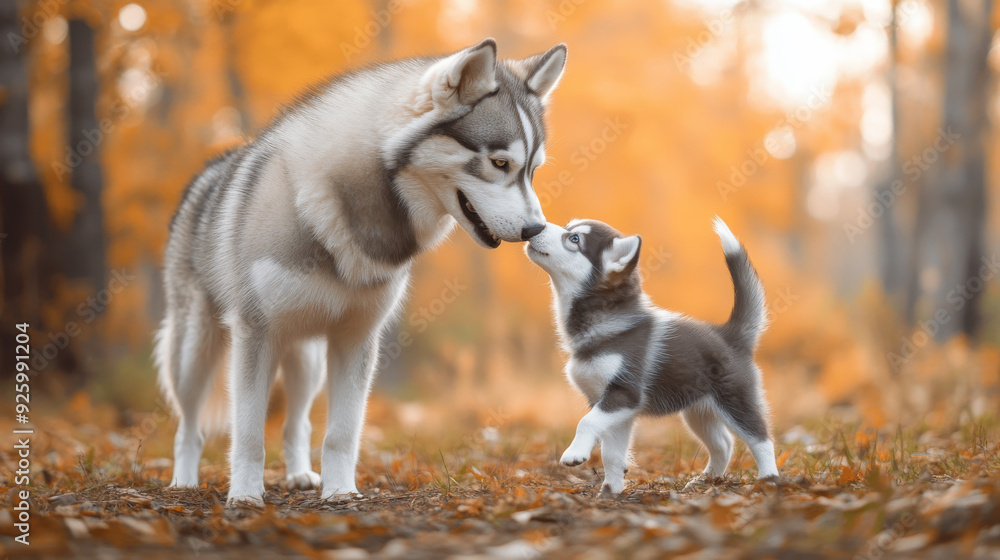 Obraz premium A playful baby husky gently tugs on its big brother's tail, showcasing the adorable bond between the young and mature canines. --ar 16:9 --v 6.1 Job ID: 7a8a7ecf-2b67-4f2a-8627-313ecd3598b4