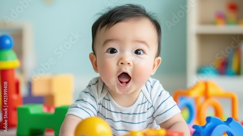 A playful scene of an infant making babbling sounds, surrounded by colorful toys, highlighting the beginning of language development and vocal experimentation
