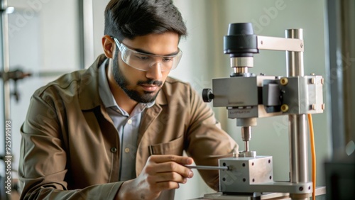 An Indian industrial engineer using calibration equipment to ensure machinery accuracy in a workshop.
 photo