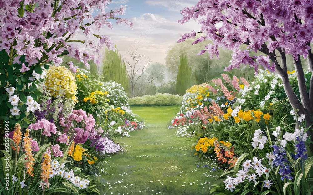 Naklejka premium A scene of a spring garden blooming with a variety of flowers, focusing on the colors and fragrances., illustration