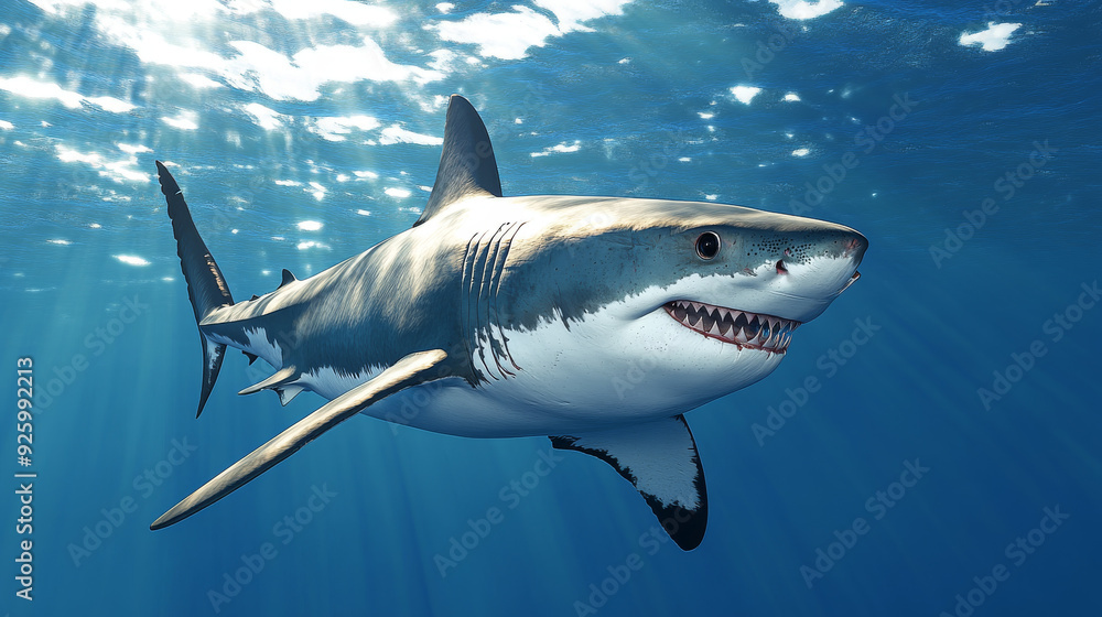 Obraz premium A realistic image of a great white shark, created with 3D software. --ar 16:9 --v 6.1 Job ID: 2e8d425b-4464-46d0-9cb0-aca3e10f00a5