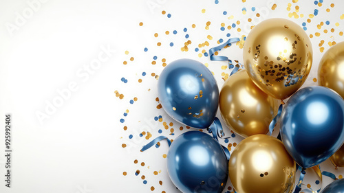 Wallpaper Mural birthday party holiday background with golden and blue metallic balloons, confetti and ribbons. wide screen. copy space, detailed high resolution image Torontodigital.ca