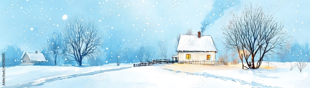 Naklejka premium Cozy Snow-Covered Cottage in Winter Landscape with Falling Snow and Bare Trees