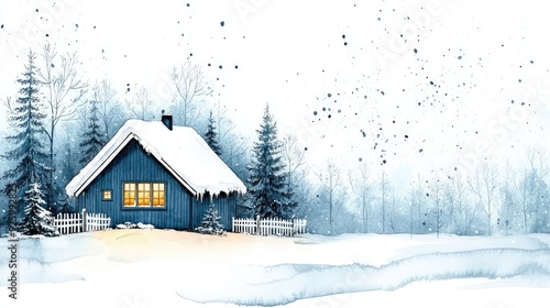 Cozy Blue Cabin in a Snowy Winter Wonderland with Pine Trees and Falling Snowflakes