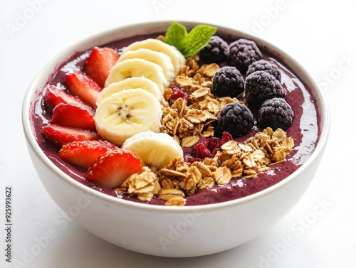 A colorful acai bowl topped with fruits, granola, and mint leaves, perfect for a healthy breakfast.