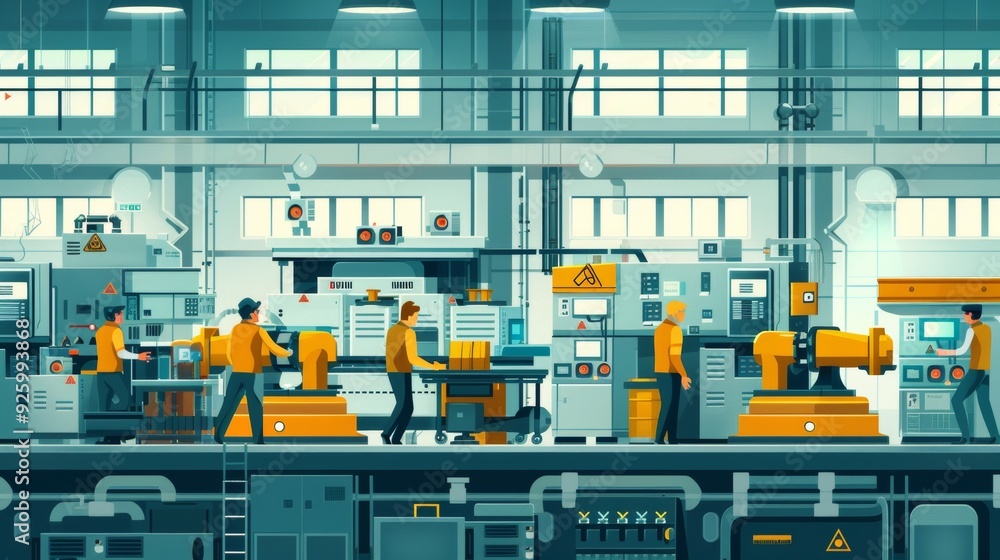 Dynamic cartoon vector of a production meeting, with managers discussing efficiency metrics, waste reduction strategies, and quality improvements Dynamic cartoon vector of a production meeting, with managers discussing efficiency metrics, waste reduction strategies, and quality improvements