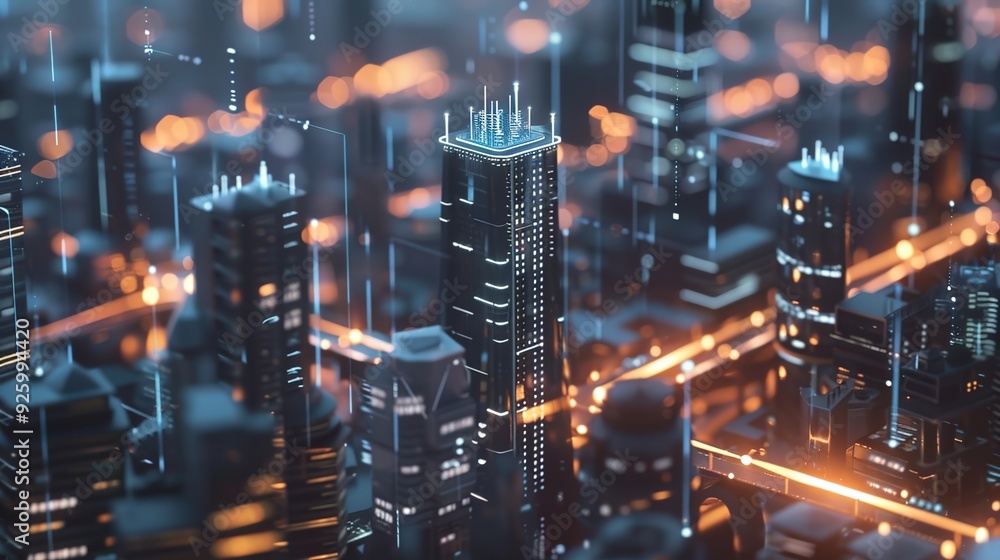Futuristic cityscape with neon lights and tall buildings Futuristic cityscape with neon lights and tall buildings