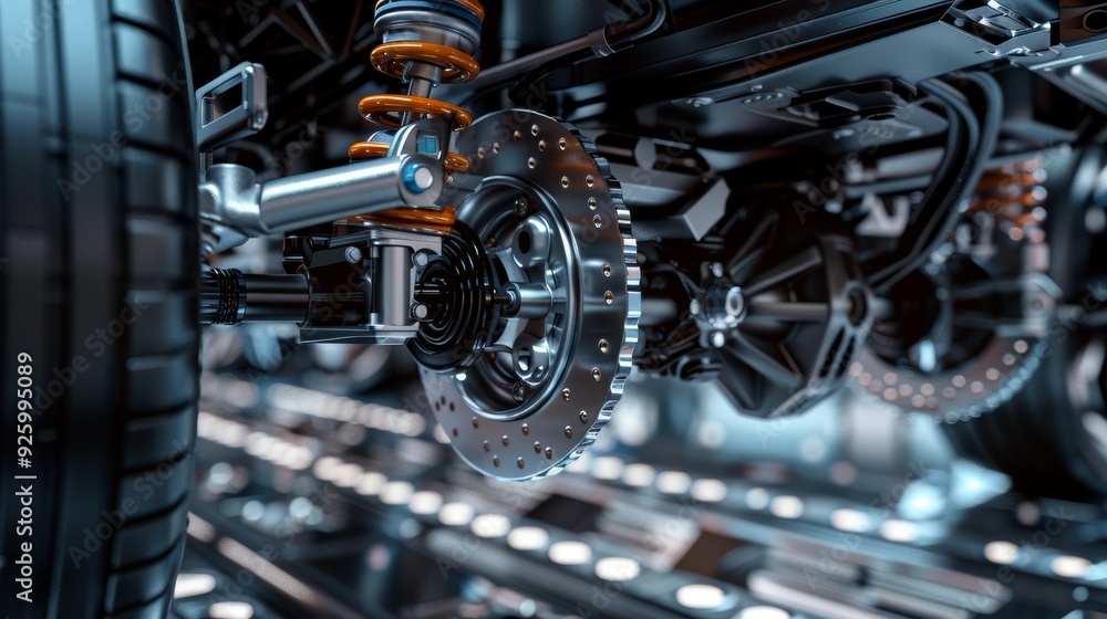 Close-Up of High-End Vehicle Independent Suspension System Showcasing Precision Engineering Details Close-Up of High-End Vehicle Independent Suspension System Showcasing Precision Engineering Details