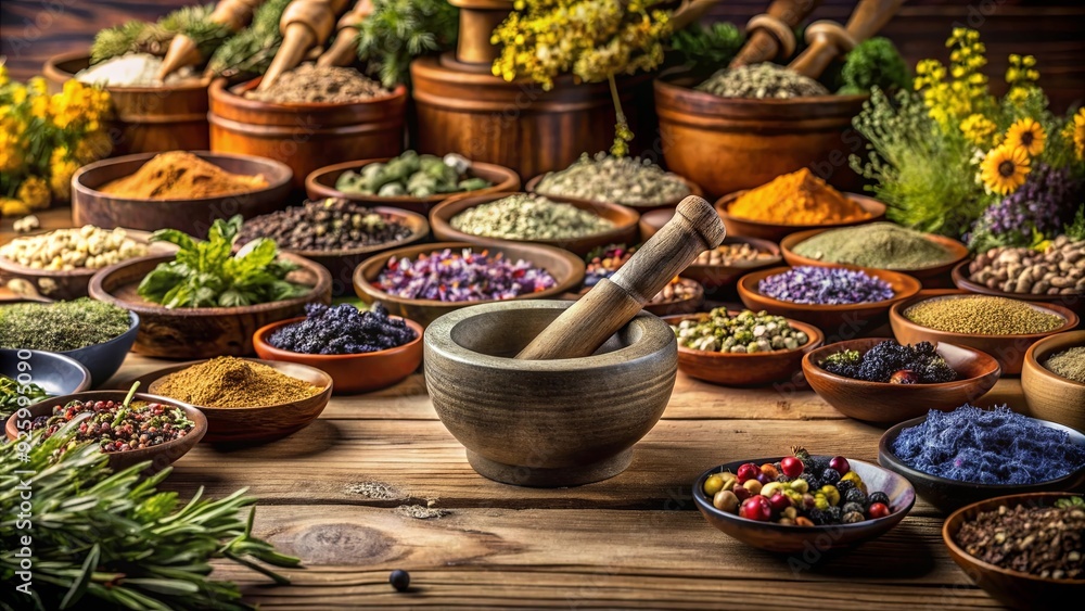 Fototapeta premium Mortar, bowls and jars of dry medicinal herbs on a table Alternative medicine concept , Healing herbs