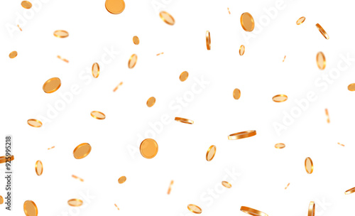 3d realistic flying golden shiny coins with effect bokeh on white isolated background. Rich or casino luck concept. Precious expensive treasure. Stock vector illustration.	
