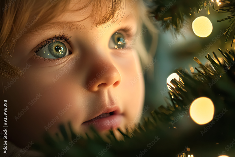 Child's Wonderment at Christmas Tree Lights. A beautiful close-up of a light-skinned, blonde-haired child staring at twinkling Christmas tree lights with wide-eyed awe.
Child's Wonderment at Christmas Tree Lights. A beautiful close-up of a light-skinned, blonde-haired child staring at twinkling Christmas tree lights with wide-eyed awe.