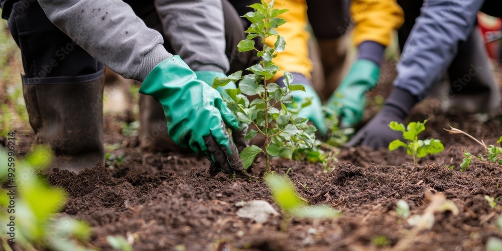 Naklejka premium Close-up of a conservation project with volunteers planting trees, illustrating collective efforts towards environmental conservation