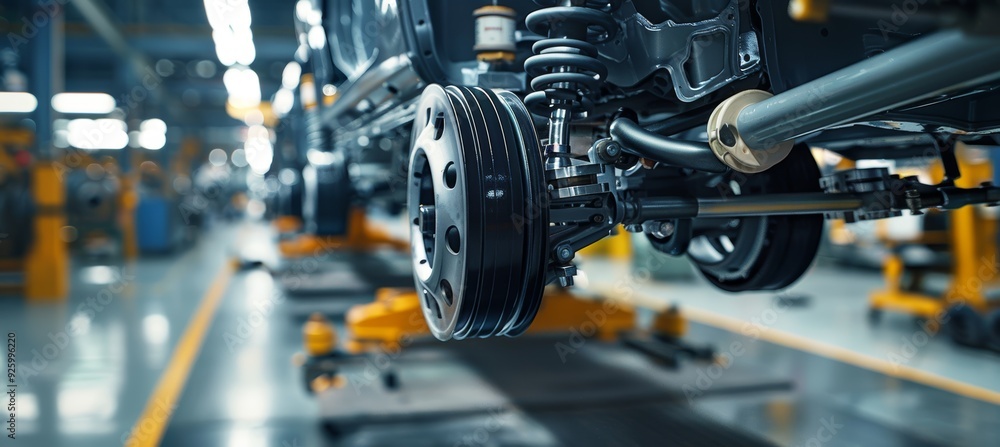 Close-Up of Car Suspension System Assembly in Automotive Factory with Robotic Precision Engineering Close-Up of Car Suspension System Assembly in Automotive Factory with Robotic Precision Engineering