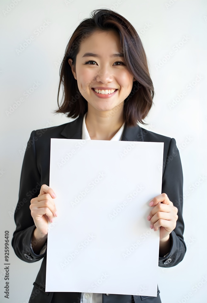 Professional Woman Holding Blank Sign in Business Attire for Customizable Corporate Message or Branding Professional Woman Holding Blank Sign in Business Attire for Customizable Corporate Message or Branding