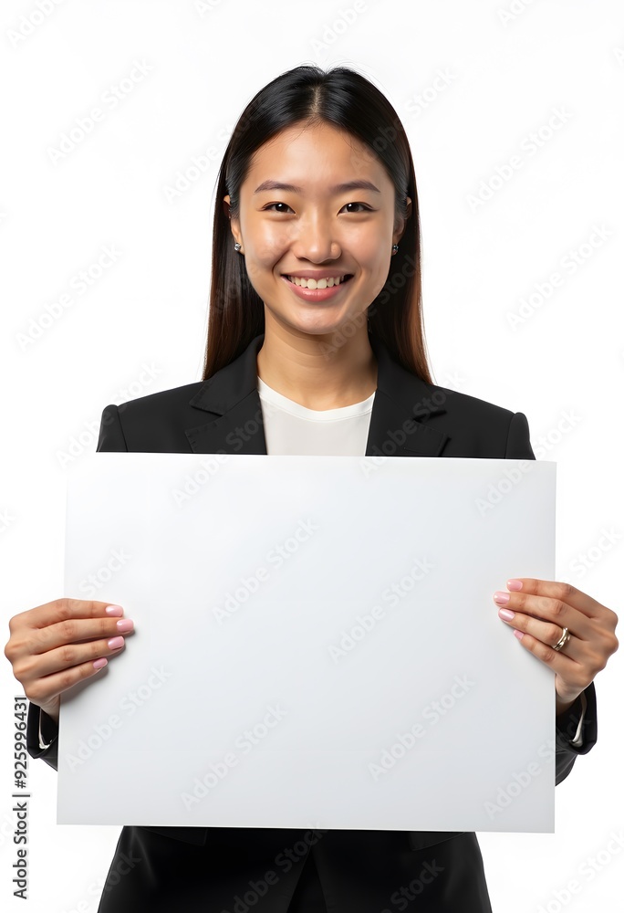 Professional Woman Holding Blank Sign in Business Attire for Customizable Corporate Message or Branding Professional Woman Holding Blank Sign in Business Attire for Customizable Corporate Message or Branding