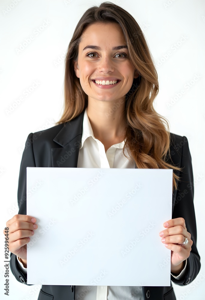 Professional Woman Holding Blank Sign in Business Attire for Customizable Corporate Message or Branding Professional Woman Holding Blank Sign in Business Attire for Customizable Corporate Message or Branding