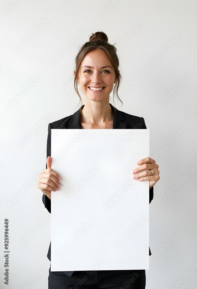 Professional Woman Holding Blank Sign in Business Attire for Customizable Corporate Message or Branding Professional Woman Holding Blank Sign in Business Attire for Customizable Corporate Message or Branding
