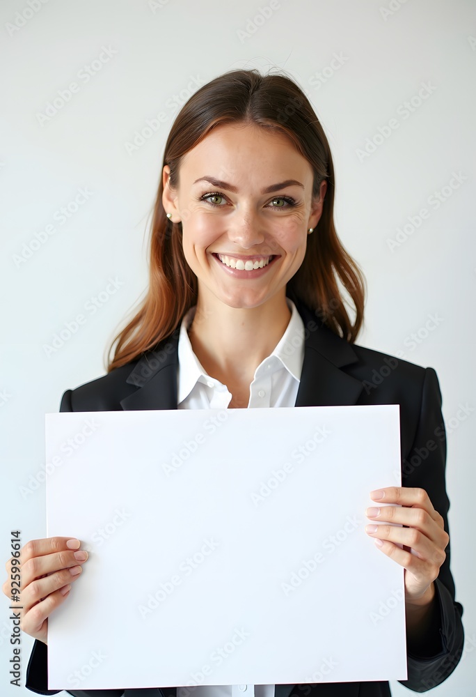 Professional Woman Holding Blank Sign in Business Attire for Customizable Corporate Message or Branding Professional Woman Holding Blank Sign in Business Attire for Customizable Corporate Message or Branding