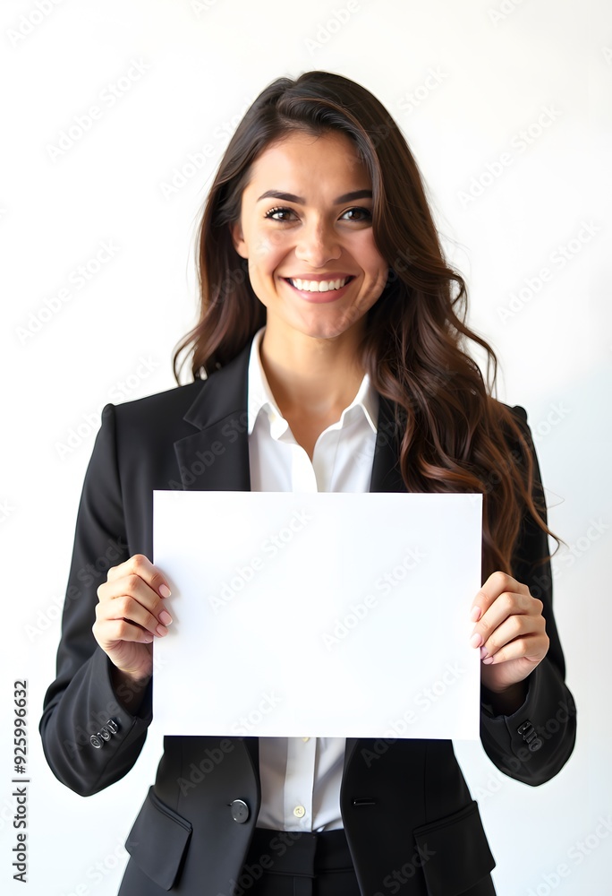 Professional Woman Holding Blank Sign in Business Attire for Customizable Corporate Message or Branding Professional Woman Holding Blank Sign in Business Attire for Customizable Corporate Message or Branding