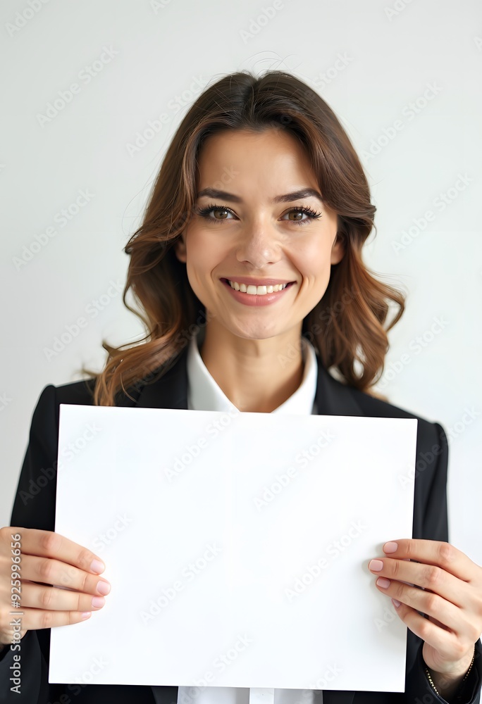 Professional Woman Holding Blank Sign in Business Attire for Customizable Corporate Message or Branding Professional Woman Holding Blank Sign in Business Attire for Customizable Corporate Message or Branding