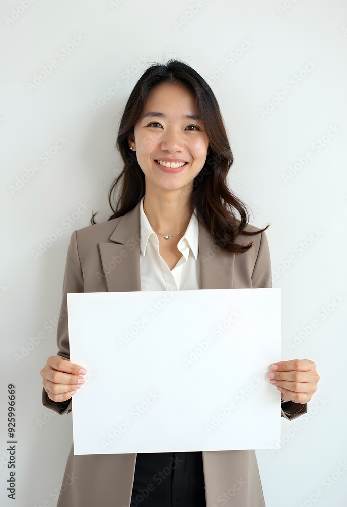 Professional Woman Holding Blank Sign in Business Attire for Customizable Corporate Message or Branding Professional Woman Holding Blank Sign in Business Attire for Customizable Corporate Message or Branding