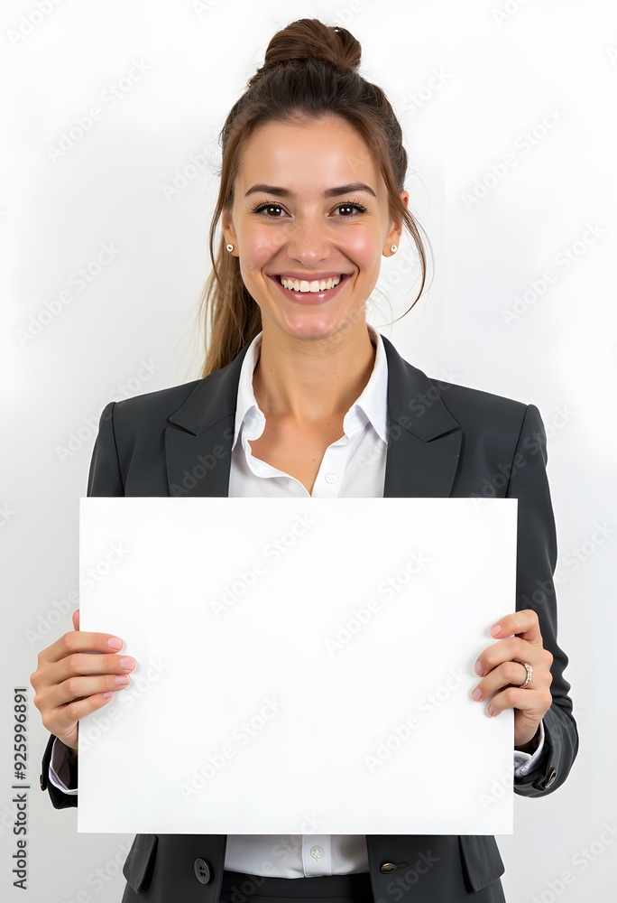Professional Woman Holding Blank Sign in Business Attire for Customizable Corporate Message or Branding Professional Woman Holding Blank Sign in Business Attire for Customizable Corporate Message or Branding