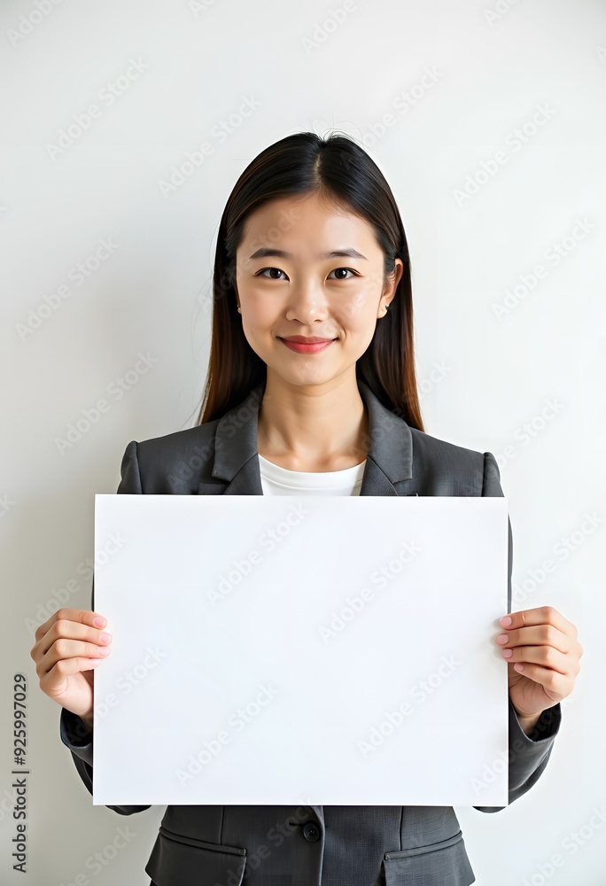 Professional Woman Holding Blank Sign in Business Attire for Customizable Corporate Message or Branding Professional Woman Holding Blank Sign in Business Attire for Customizable Corporate Message or Branding