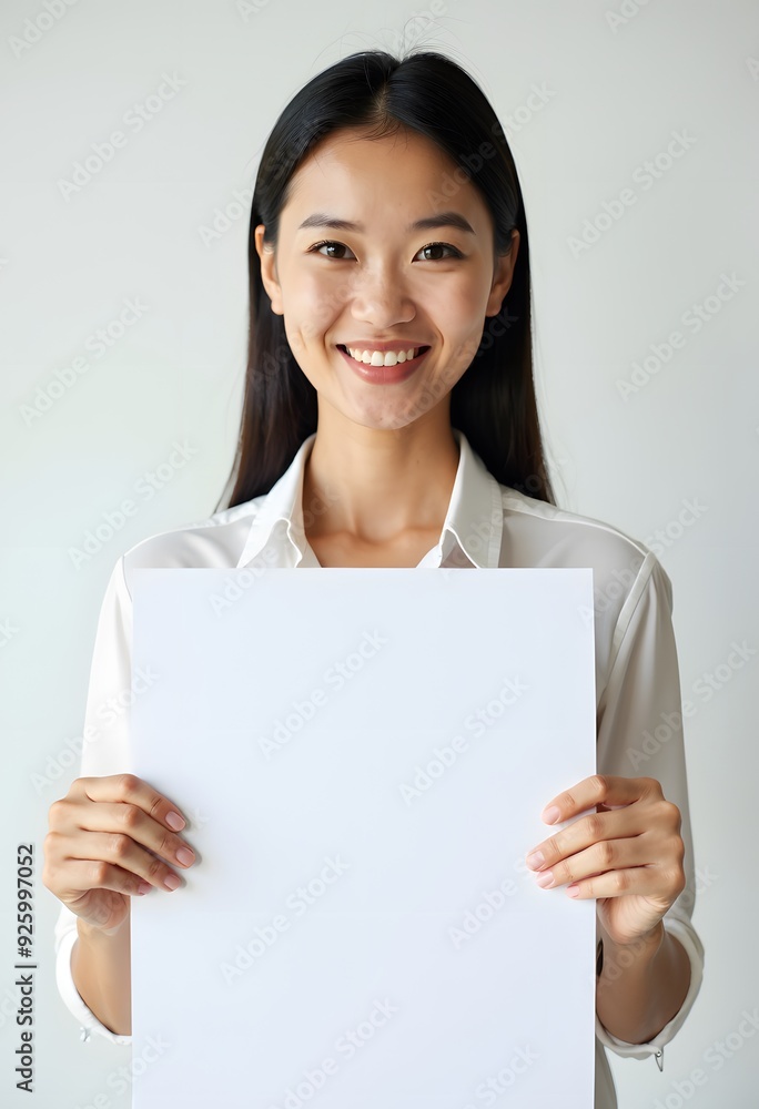 Professional Woman Holding Blank Sign in Business Attire for Customizable Corporate Message or Branding Professional Woman Holding Blank Sign in Business Attire for Customizable Corporate Message or Branding