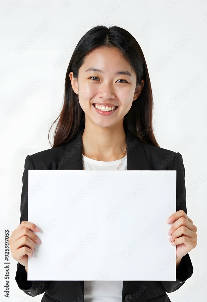 Professional Woman Holding Blank Sign in Business Attire for Customizable Corporate Message or Branding Professional Woman Holding Blank Sign in Business Attire for Customizable Corporate Message or Branding