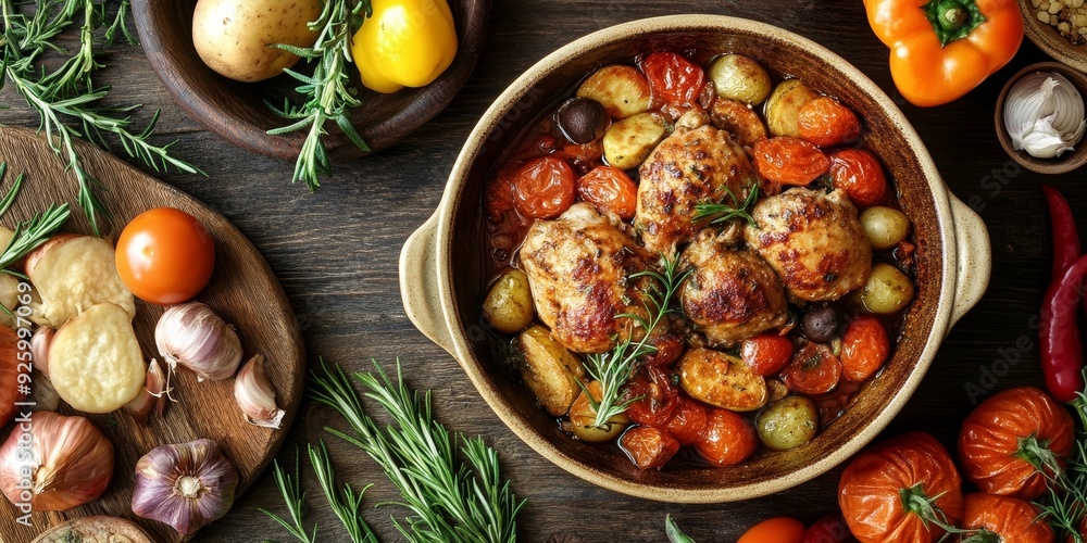 Close-up of a rustic meal with hearty ingredients and vibrant vegetables, illustrating the comfort and richness of home-style cooking Close-up of a rustic meal with hearty ingredients and vibrant vegetables, illustrating the comfort and richness of home-style cooking