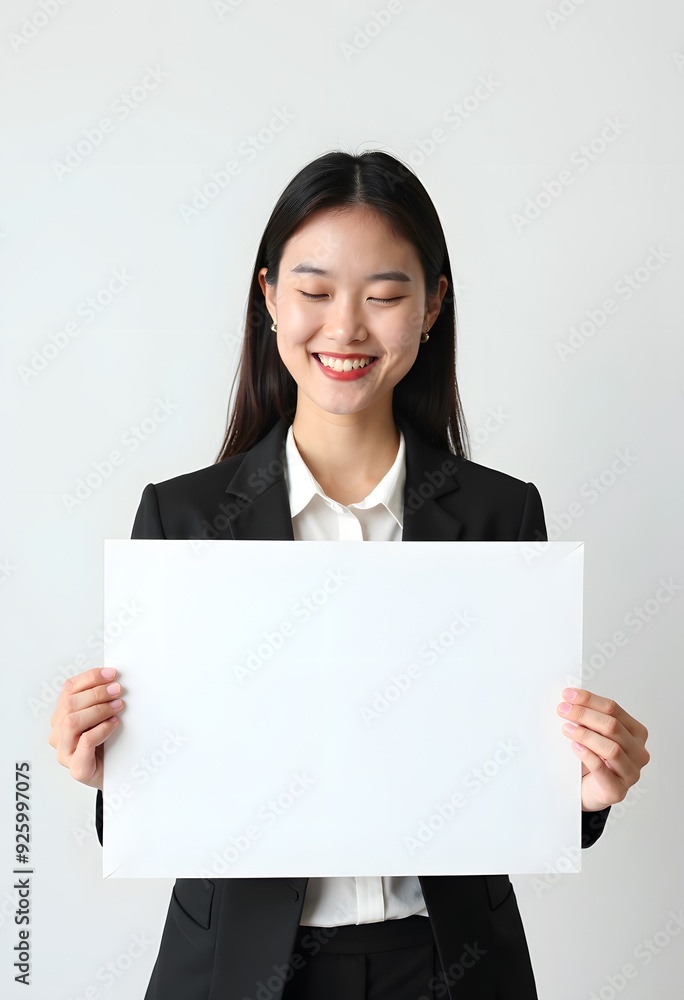 Professional Woman Holding Blank Sign in Business Attire for Customizable Corporate Message or Branding Professional Woman Holding Blank Sign in Business Attire for Customizable Corporate Message or Branding