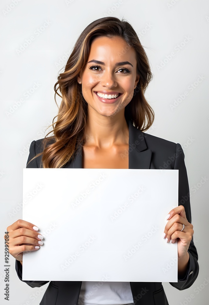 Professional Woman Holding Blank Sign in Business Attire for Customizable Corporate Message or Branding Professional Woman Holding Blank Sign in Business Attire for Customizable Corporate Message or Branding