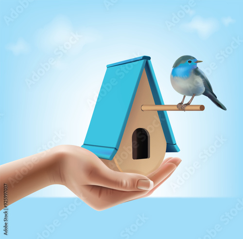 A young woman's hand holds a bird's nest in her hand.