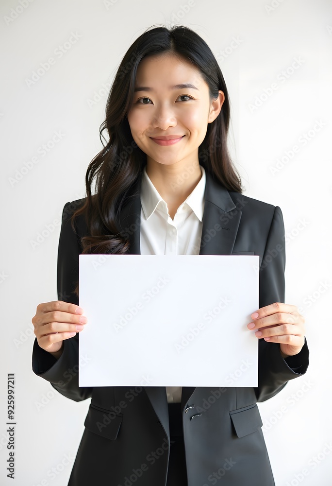 Professional Woman Holding Blank Sign in Business Attire for Customizable Corporate Message or Branding Professional Woman Holding Blank Sign in Business Attire for Customizable Corporate Message or Branding