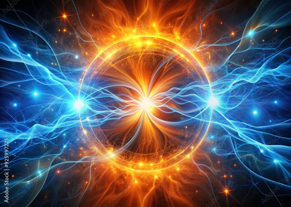 Fototapeta premium Electrifying abstract representation of fusion mains, with vibrant swirls of blue and orange energy converging in a mesmerizing display of power and technology.