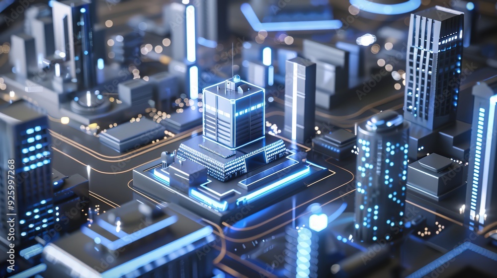 Futuristic cityscape with neon lights and tall buildings Futuristic cityscape with neon lights and tall buildings