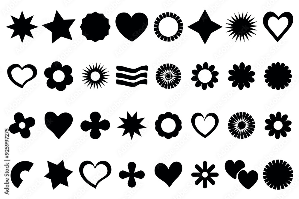 Fototapeta premium Brutalist Shapes. Geometric abstract shapes and grid forms. Bauhaus minimalist graphic design elements. Y2K Vector Signs. Star and flower basic and other primitive elements.