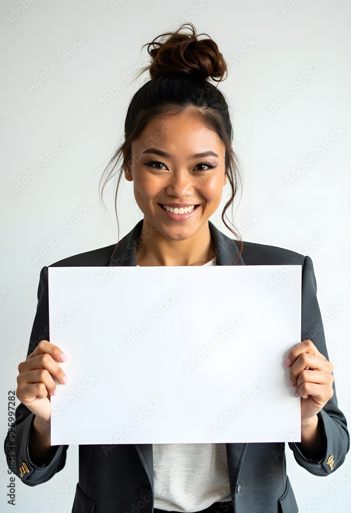 Professional Woman Holding Blank Sign in Business Attire for Customizable Corporate Message or Branding Professional Woman Holding Blank Sign in Business Attire for Customizable Corporate Message or Branding