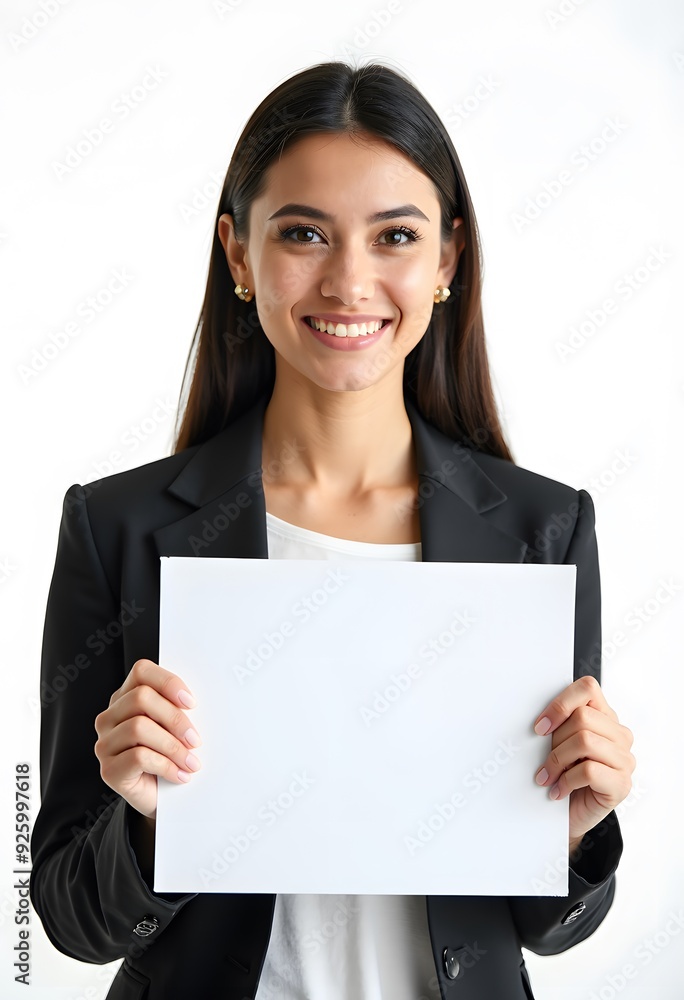 Professional Woman Holding Blank Sign in Business Attire for Customizable Corporate Message or Branding Professional Woman Holding Blank Sign in Business Attire for Customizable Corporate Message or Branding