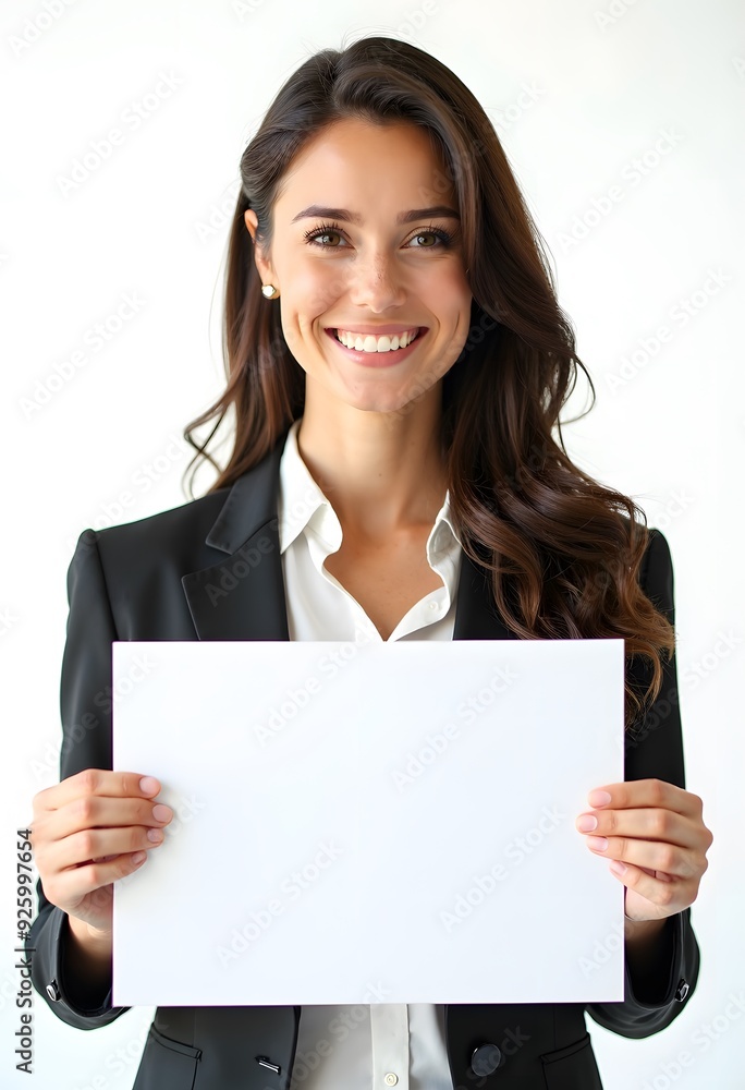 Professional Woman Holding Blank Sign in Business Attire for Customizable Corporate Message or Branding Professional Woman Holding Blank Sign in Business Attire for Customizable Corporate Message or Branding