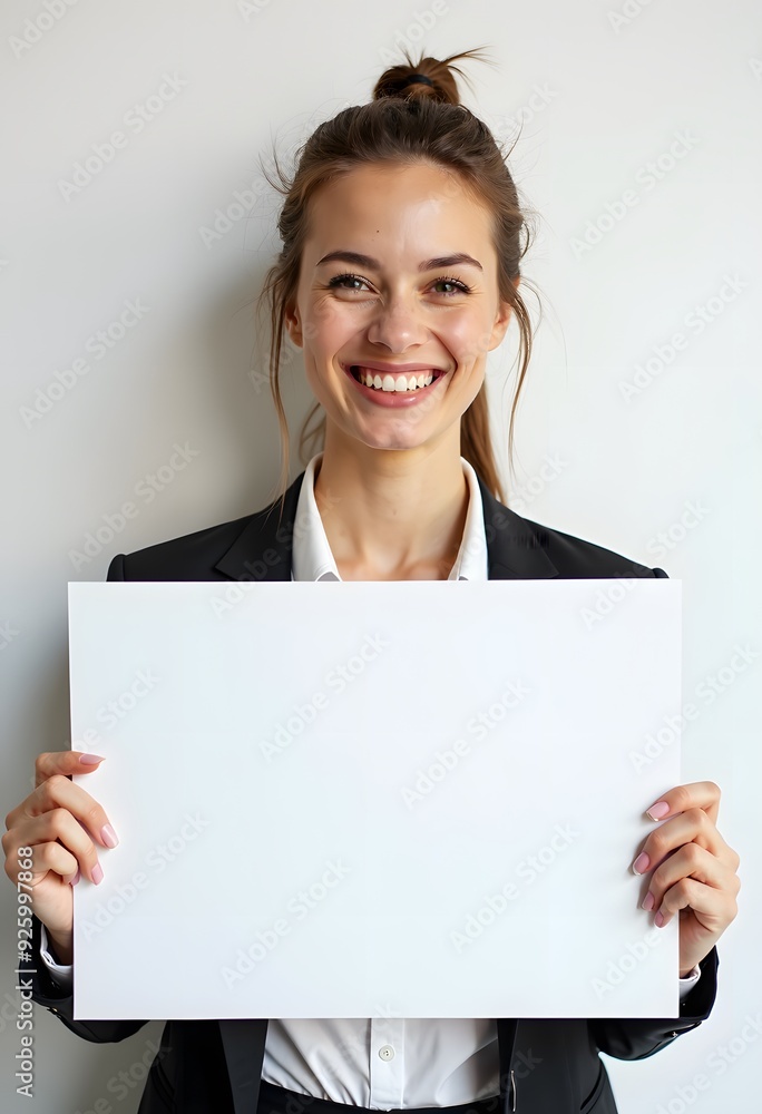 Professional Woman Holding Blank Sign in Business Attire for Customizable Corporate Message or Branding Professional Woman Holding Blank Sign in Business Attire for Customizable Corporate Message or Branding