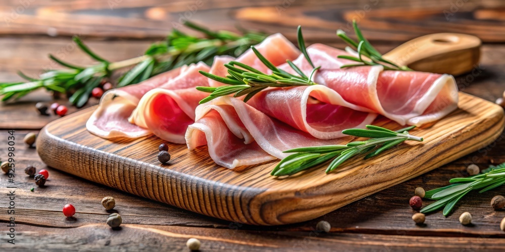 Raw and fresh ham slices with rosemary on a wooden board, close-up , Ham, fresh, raw, slices, gourmet, meat, food, plate