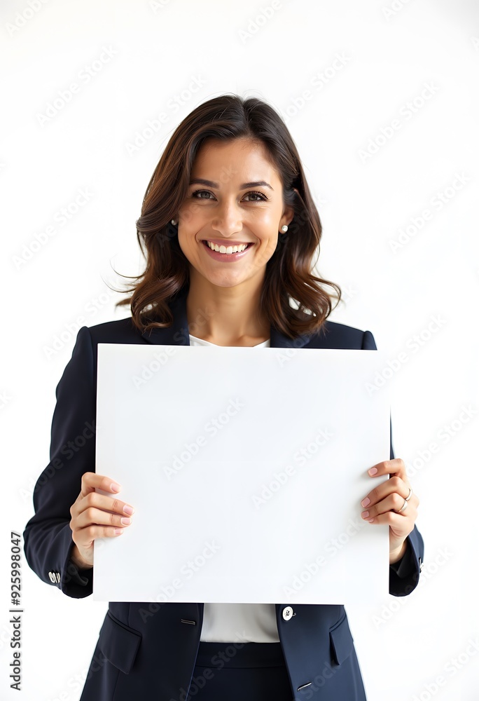 Professional Woman Holding Blank Sign in Business Attire for Customizable Corporate Message or Branding Professional Woman Holding Blank Sign in Business Attire for Customizable Corporate Message or Branding