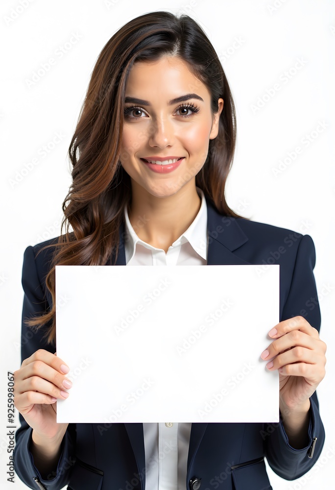 Professional Woman Holding Blank Sign in Business Attire for Customizable Corporate Message or Branding Professional Woman Holding Blank Sign in Business Attire for Customizable Corporate Message or Branding