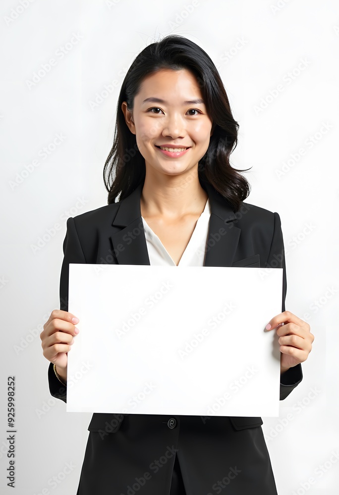 Professional Woman Holding Blank Sign in Business Attire for Customizable Corporate Message or Branding Professional Woman Holding Blank Sign in Business Attire for Customizable Corporate Message or Branding