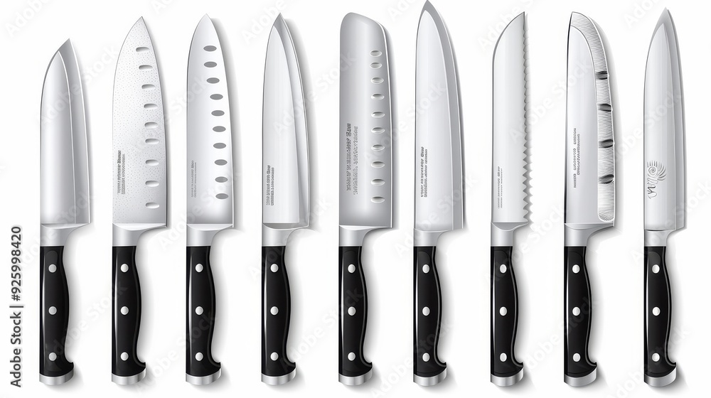 A neatly arranged collection of various knives displayed on a flat surface, including a set of chef knives, paring knives, and other specialty blades The knives are organized in an appeal A neatly arranged collection of various knives displayed on a flat surface, including a set of chef knives, paring knives, and other specialty blades The knives are organized in an appeal