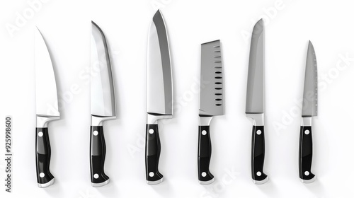 A neatly arranged collection of various knives displayed on a flat surface, including a set of chef knives, paring knives, and other specialty blades The knives are organized in an appeal