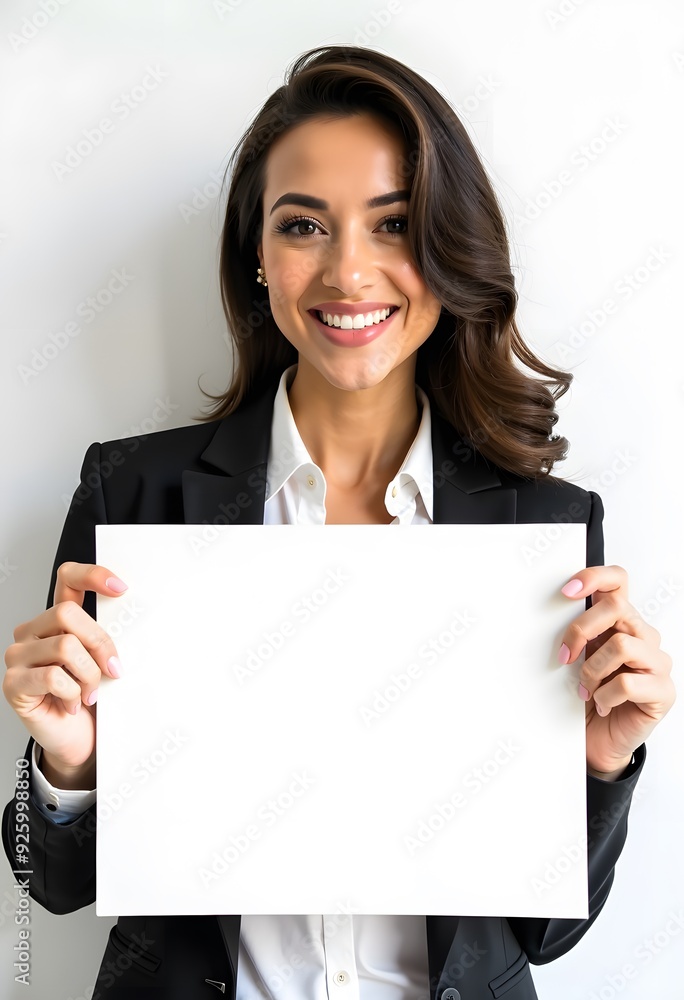 Professional Woman Holding Blank Sign in Business Attire for Customizable Corporate Message or Branding Professional Woman Holding Blank Sign in Business Attire for Customizable Corporate Message or Branding