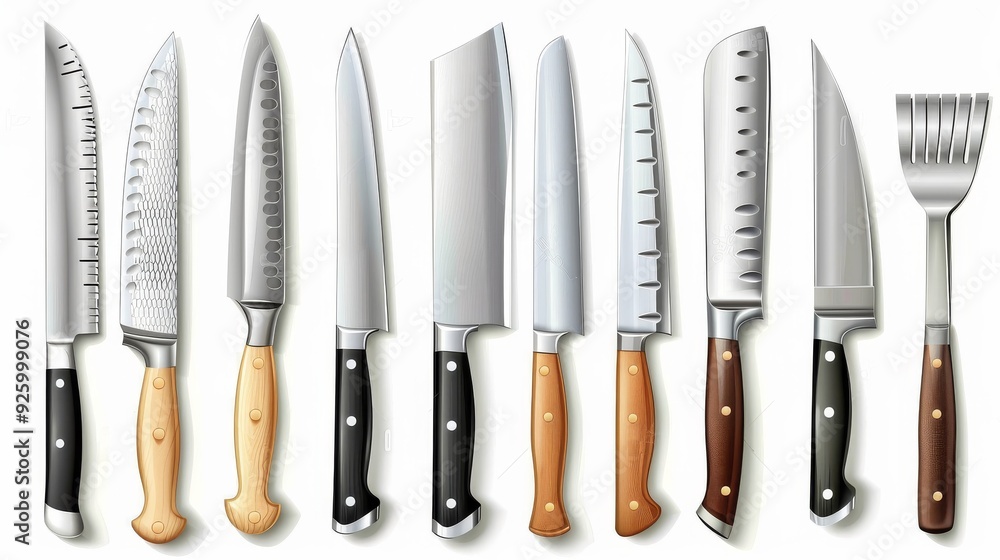 A neatly arranged collection of various knives displayed on a flat surface, including a set of chef knives, paring knives, and other specialty blades The knives are organized in an appeal A neatly arranged collection of various knives displayed on a flat surface, including a set of chef knives, paring knives, and other specialty blades The knives are organized in an appeal
