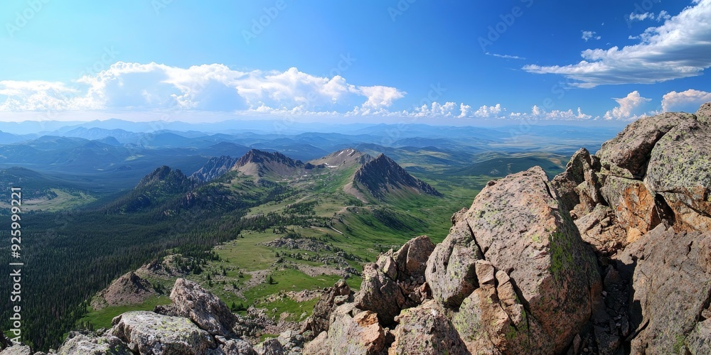 Obraz premium Close-up of a panoramic view from a mountaintop with expansive horizons, showcasing the breathtaking beauty of natural landscapes